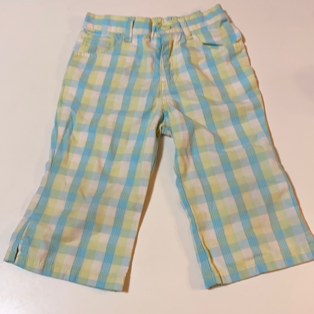 Sky Blue, Lime, White Checker Striped Capri Shorts